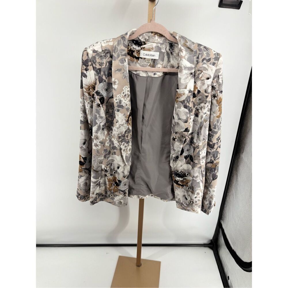 Calvin Klein Floral Print Open Front Blazer Women's Size 14 Gray White Black - Picture 5 of 13
